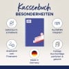 Das Bild zeigt ein Kassenbuch mit wesentlichen Merkmalen. Es ist selbstschreibend, enthält integrierte Ausfüllhilfe, wird vom Finanzamt anerkannt, hat farbig perforierte und gelochte Seiten und ist in Deutschland hergestellt.