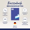 Das Bild zeigt ein Kassenbuch mit hervorgehobenen wichtigen Merkmalen, wie etwa anerkannt von den Finanzbehörden, integrierte Ausfüllhilfe, perforiert und gelocht, und hergestellt in Deutschland. Es erwähnt § 146 der Abgabenordnung.