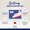 Das Bild zeigt ein Produkt namens 'Quittung 1737' von Avery Zweckform, das verschiedene Merkmale hervorhebt, wie selbstschreibend, integrierte Hilfestellung, Schutz vor Fälschungen und eine robuste Sicherheitsbindung. Das Produkt wird in Deutschland hergestellt.