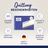 Das Bild zeigt eine Produktverpackung für 'Avery Zweckform Quittung 302' und hebt deren besondere Merkmale hervor, wie integrierte Ausfüllhilfe, Perforation, Fälschungssicherheit und Robustheit, zusammen mit einer deutschen Flagge, die anzeigt, dass das Produkt in Deutschland hergestellt wird.
