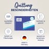 Das Bild zeigt ein Produkt mit dem Titel 'Quittung 306' von Avery Zweckform. Es umfasst Merkmale wie integrierte Ausfüllhilfen, Schutz gegen Fälschung und wird in Deutschland hergestellt. Die Verpackung beschreibt, dass es 50 Originalquittungen mit Perforation und Lochung enthält und robust mit einer Sicherheitsbindung ist.