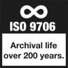 Das Bild zeigt einen schwarzen Hintergrund mit dem Unendlichkeitssymbol über dem Text 'ISO 9706' und dem Satz 'Archivierung über 200 Jahre.' in Weiß.