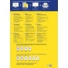 Das Bild ist ein Werbeleitfaden für den Druck von transparenten Adressetiketten von Avery. Es enthält Tipps zur Gestaltung von Etiketten, Merkmale, Kontaktinformationen und Spezifikationen für verschiedene Etikettenformate. Mehrere Sprachen werden verwendet, wie Deutsch, Englisch, Französisch, Dänisch, Finnisch, Niederländisch, Russisch und Polnisch, um die Zugänglichkeit zu gewährleisten.