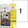 Packungsabbildung mit Etikettenbogen: Avery Zweckform Wetterfeste Folien-Etiketten, Artikel:  J4775-10, Format: 210 x 297 mm, Druckereignung: Inkjet, Inhalt: 10 Etiketten / 10 Bögen, 1 Etiketten/Bogen