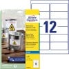 Packungsabbildung mit Etikettenbogen: Avery Zweckform Wetterfeste Folien-Etiketten, Artikel:  J4776-10, Format: 99,1 x 42,3 mm, Druckereignung: Inkjet, Inhalt: 120 Etiketten / 10 Bögen, 12 Etiketten/Bogen