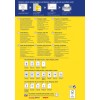 Ein Farbdiagramm, das verschiedene Optionen für den Etikettendruck, einschließlich Größen und Empfehlungen für sowohl Tintenstrahl- als auch Laserdrucker, detailliert beschreibt. Es enthält Anweisungen in mehreren Sprachen.