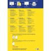 Das Bild zeigt einen Werbeleitfaden für Avery's transparente Versandetiketten, der verschiedene Arten von Etiketten für Tintenstrahl- und Laserdrucker präsentiert. Es enthält Texte in mehreren Sprachen und bietet Schritte zum effektiven Gestalten und Drucken von Etiketten.