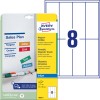 Packungsabbildung mit Etikettenbogen: Avery Zweckform Magnet-Schilder, Artikel:  J8875-5, Format: 50 x 140 mm, Druckereignung: Inkjet, Inhalt: 40 Etiketten / 5 Bögen, 8 Etiketten/Bogen
