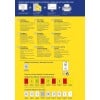 Das Bild zeigt eine Anleitung zum Etikettendruck und Produktinformationen für abnehmbare Preisschilder, einschließlich Funktionen und Abmessungen in verschiedenen Sprachen.