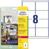 Packungsabbildung mit Etikettenbogen: Avery Zweckform Wetterfeste Folien-Etiketten, Artikel:  L4715-20, Format: 99,1 x 67,7 mm, Druckereignung: Laser s/w,Farblaser, Inhalt: 160 Etiketten / 20 Bögen, 8 Etiketten/Bogen