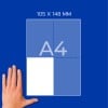 Hand neben A4-Papierdiagramm mit Etikett „105 × 148 mm“ und Viertelraster?