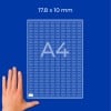 Hand neben A4-Blatt-Vorlage mit abgerundeten Rechtecken (17,8 × 10 mm) auf blauem Hintergrund?