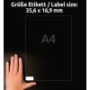 Größenvergleich mit Hand, Artikel: L4732REV-100, ein Bogen Universal-Etiketten, ablösbar, Format: 35,6 x 16,9 mm, Farbe: Weiß