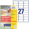 Packungsabbildung mit Etikettenbogen: Avery Zweckform Universal-Etiketten, Artikel:  L4737REV-65, Format: 63,5 x 29,6 mm, Druckereignung: Inkjet,Laser s/w,Farblaser, Inhalt: 1.755 Etiketten / 65 Bögen, 27 Etiketten/Bogen