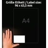 Größenvergleich mit Hand, Artikel: L4745REV-25, ein Bogen Universal-Etiketten, ablösbar, Format: 96 x 63,5 mm, Farbe: Weiß