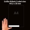 Größenvergleich mit Hand, Artikel: L4746REV-25, ein Bogen Etiketten für VHS-Videokassetten, Format: 147,3 x 20 mm, Farbe: Weiß