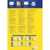 Das Bild zeigt Etikettendrucklösungen von Avery und hebt verschiedene Etikettenarten, Anwendungstipps und Kontaktinformationen in mehreren Sprachen hervor, zusammen mit visuellen Beispielen von Etiketten für Ordner in verschiedenen Größen.