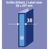 Größenvergleich mit Hand, Artikel: L4749-20, ein Bogen Ordner-Etiketten, Format: 38 x 297 mm, Farbe: Blau
