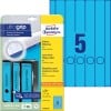 Packungsabbildung mit Etikettenbogen: Avery Zweckform Ordner-Etiketten, Artikel:  L4749-20, Format: 38 x 297 mm, Druckereignung: Inkjet,Laser s/w,Farblaser, Inhalt: 100 Etiketten / 20 Bögen, 5 Etiketten/Bogen