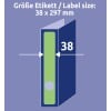 Das Bild zeigt eine Etikettengröße von 38 x 297 mm mit einem blauen Hintergrund und enthält Maßangaben für das Etikett.