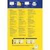Das Bild ist ein mehrsprachiges Werbedokument über abnehmbare Beschriftungsetiketten von Avery. Es enthält Anweisungen für Gestaltung, Druck und Produkteigenschaften, präsentiert in verschiedenen Sprachen wie Deutsch, Englisch, Französisch und anderen. Die Etiketten sind für Aktenordner konzipiert und bieten Vorteile wie rückstandsfreies Entfernen.