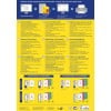 Ein Informationsflyer über Avery-Produkte zum Entwerfen und Drucken von Etiketten. Er enthält mehrsprachige Anleitungen und Produktcodes für verschiedene Etikettengrößen zum Organisieren von Ordnern.