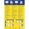 Das Bild ist ein Werbeflyer für Avery's Ablageetiketten, der Funktionen, Tipps und Kontaktinformationen in mehreren Sprachen enthält. Es umfasst visuelle Darstellungen von Etikettendesigns für verschiedene Ordnergrößen und betont einfaches Design und Drucken.
