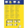 Das Bild zeigt einen Flyer für Avery-Etiketten, der verschiedene Typen, Merkmale und Tipps zum Entwerfen und Drucken von Etiketten für Ordner beschreibt. Er enthält Informationen in mehreren Sprachen und bietet Empfehlungen für die optimale Lagerung und Verwendung.