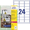 Packungsabbildung mit Etikettenbogen: Avery Zweckform Wetterfeste Folien-Etiketten, Artikel:  L4773-100, Format: 63,5 x 33,9 mm, Druckereignung: Laser s/w,Farblaser, Inhalt: 2.400 Etiketten / 100 Bögen, 24 Etiketten/Bogen