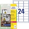 Packungsabbildung mit Etikettenbogen: Avery Zweckform Wetterfeste Folien-Etiketten, Artikel:  L4773-20, Format: 63,5 x 33,9 mm, Druckereignung: Laser s/w,Farblaser, Inhalt: 480 Etiketten / 20 Bögen, 24 Etiketten/Bogen