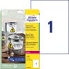 Packungsabbildung mit Etikettenbogen: Avery Zweckform Wetterfeste Folien-Etiketten, Artikel:  L4775-20, Format: 210 x 297 mm, Druckereignung: Laser s/w,Farblaser, Inhalt: 20 Etiketten / 20 Bögen, 1 Etiketten/Bogen