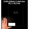 Größenvergleich mit Hand, Artikel: L4776-20, ein Bogen Wetterfeste Folien-Etiketten, Format: 99,1 x 42,3 mm, Farbe: Weiß
