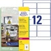 Packungsabbildung mit Etikettenbogen: Avery Zweckform Wetterfeste Folien-Etiketten, Artikel:  L4776-20, Format: 99,1 x 42,3 mm, Druckereignung: Laser s/w,Farblaser, Inhalt: 240 Etiketten / 20 Bögen, 12 Etiketten/Bogen