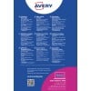 Das Bild enthält Informationen über selbstklebende Namensschilder von Avery in mehreren Sprachen. Es umfasst Details zur Verwendung, Tipps zum Drucken und zur Lagerung sowie Kontaktinformationen zum Kundendienst.