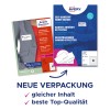 Das Bild zeigt Packungen von selbstklebenden Namensschildern von Avery. Sie werden nebeneinander dargestellt und heben Merkmale wie ablösbaren Klebstoff und die Möglichkeit des Laserdrucks hervor. Die Verpackung enthält sowohl deutschen als auch englischen Text.