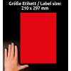 Größenvergleich mit Hand, Artikel: L6005-25, ein Bogen Etiketten in Sonderfarben, Format: 210 x 297 mm, Farbe: neonrot