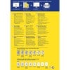 Dieses Bild zeigt eine mehrsprachige Anzeige für Avery's Heavy Duty Silver Labels, die Spezifikationen, Verwendungszwecke und Kontaktinformationen enthält. Es umfasst verschiedene Formate und Tipps für optimales Drucken.