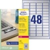 Packungsabbildung mit Etikettenbogen: Avery Zweckform Typenschild-Etiketten, Artikel:  L6009-100, Format: 45,7 x 21,2 mm, Druckereignung: Laser s/w, Inhalt: 4.800 Etiketten / 100 Bögen, 48 Etiketten/Bogen