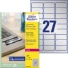 Packungsabbildung mit Etikettenbogen: Avery Zweckform Typenschild-Etiketten, Artikel:  L6011-100, Format: 63,5 x 29,6 mm, Druckereignung: Laser s/w, Inhalt: 2.700 Etiketten / 100 Bögen, 27 Etiketten/Bogen