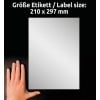 Größenvergleich mit Hand, Artikel: L6013-20, ein Bogen Typenschild-Etiketten, Format: 210 x 297 mm, Farbe: Silber