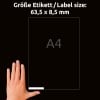 Größenvergleich mit Hand, Artikel: L6022REV-25, ein Bogen Etiketten für Data Cartridge, Format: 63,5 x 8,5 mm, Farbe: Weiß