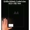 Größenvergleich mit Hand, Artikel: L6023REV-25, ein Bogen Universal-Etiketten, ablösbar, Format: 63,5 x 38,1 mm, Farbe: Weiß