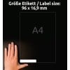 Größenvergleich mit Hand, Artikel: L6031REV-25, ein Bogen Universal-Etiketten, ablösbar, Format: 96 x 16,9 mm, Farbe: Weiß