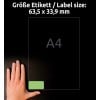 Größenvergleich mit Hand, Artikel: L6033-20, ein Bogen Farbige Etiketten, ablösbar, Format: 63,5 x 33,9 mm, Farbe: Grün