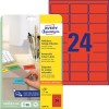 Packungsabbildung mit Etikettenbogen: Avery Zweckform Farbige Etiketten, ablösbar, Artikel:  L6034-20, Format: 63,5 x 33,9 mm, Druckereignung: Inkjet,Laser s/w,Farblaser, Inhalt: 480 Etiketten / 20 Bögen, 24 Etiketten/Bogen