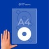 Hand neben einer A4-Umrisszeichnung, die zwei 117-mm-Scheiben zeigt?