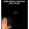 Größenvergleich mit Hand, Artikel: L6048-20, ein Bogen Farbige Etiketten, ablösbar, Format: 25,4 x 10 mm, Farbe: Blau