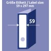Das Bild zeigt die Etikettengröße von 59 x 297 mm, dargestellt mit einer Grafik eines Ordners. Das Maß '59' ist links hervorgehoben und gibt die Breite des Etiketts an.