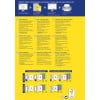 Dieses Bild ist eine Anleitung zum Entwerfen und Drucken von Etiketten von Avery. Es enthält Informationen in mehreren Sprachen über verschiedene Etikettenprodukte, deren Merkmale und Tipps zur optimalen Nutzung. Es gibt Beispiele für Etikettenformate für breite und schmale Ordner, einschließlich Abmessungen.