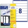 Packungsabbildung mit Etikettenbogen: Avery Zweckform Ordner-Etiketten, Artikel:  L6060-25, Format: 34 x 192 mm, Druckereignung: Inkjet,Laser s/w,Farblaser, Inhalt: 240 Etiketten / 30 Bögen, 8 Etiketten/Bogen